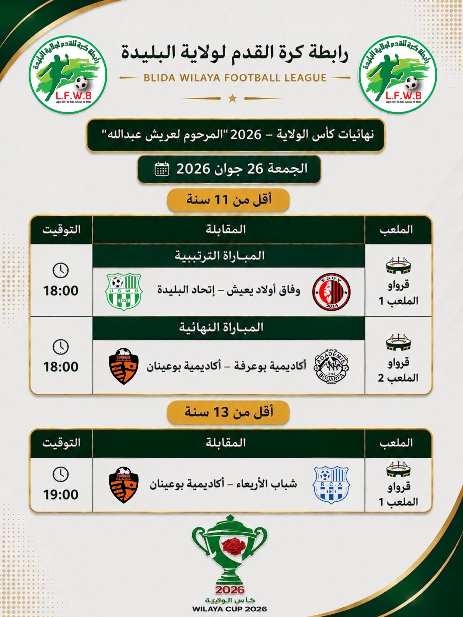 كأس_الولاية_2026 ( المرحوم لعريش عبدالله) - فئة أقل 11 سنة/ فئة أقل 13 سنة