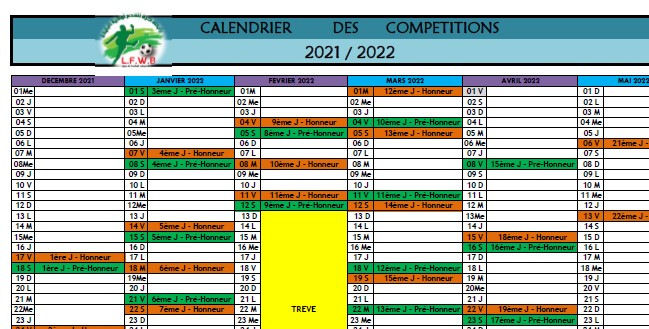 CALENDRIER DES COMPETITIONS 2021-2022